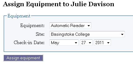 Screenshot of the equipment checkout form