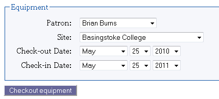 Screenshot of the equipment checkout form