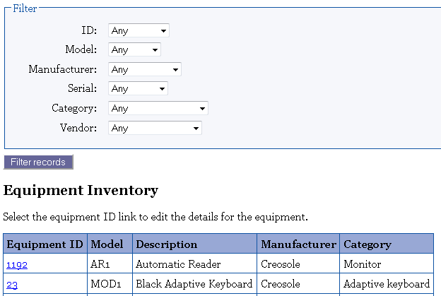 Screenshot of equipment inventory