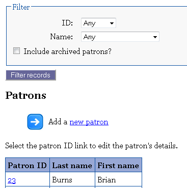 Screenshot of patrons page